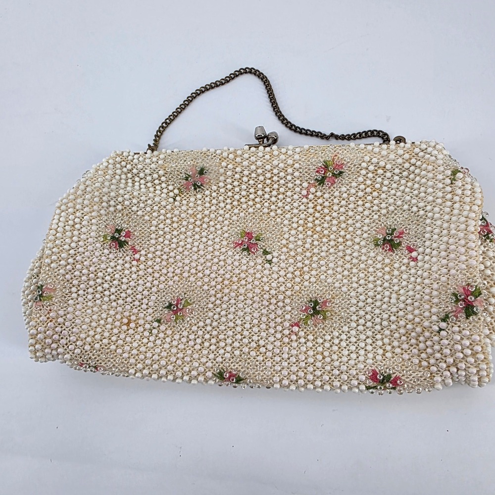 Vintage Corde Bead White Faux Pearl Floral Beaded Clutch Evening Bag Made in USA - Picture 2 of 6